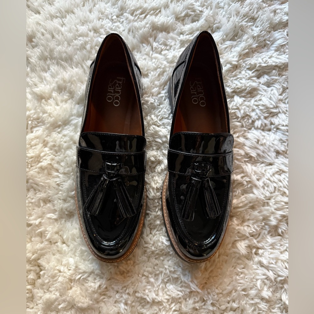 Franco Sarto Glossy Black Tassel Loafers
